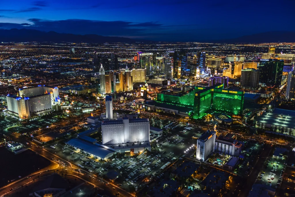 aerial view of las vegas cityscape lit up at utc