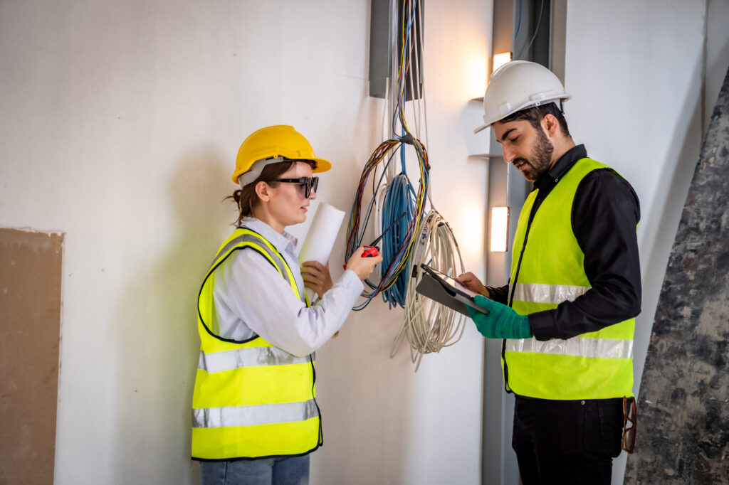 Engineer inspect building structure technicians looking at analy Engineer inspect building structure technicians looking at analy