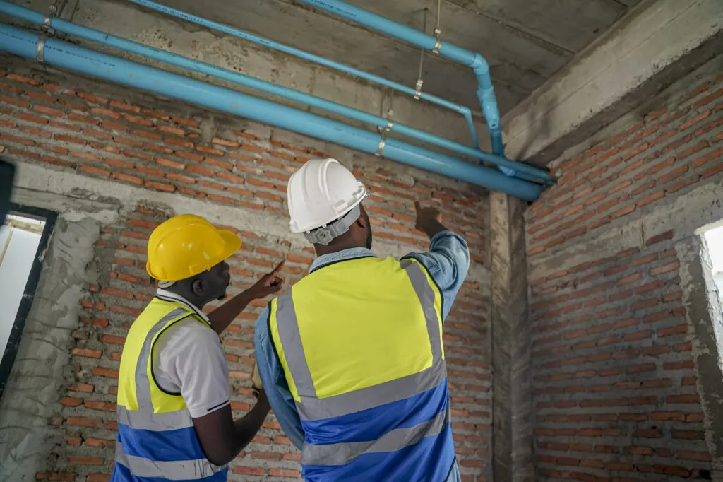 Construction workers inspect plumbing system in new building project near urban area